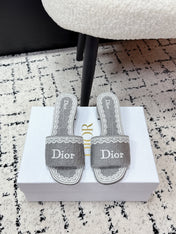 DIOR 26S HIGH HEEL SLIDES IN GREY EMBOSSED OBLIQUE LACE EMBROIDERY