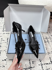 PRADA 26S POINTED-TOE HIGH HEELS 55MM IN BLACK PATENT CALFSKIN WITH BOW