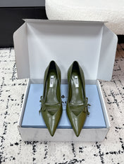 PRADA 26S POINTED-TOE HIGH HEELS 75MM IN DARK OLIVE GREEN CALFSKIN