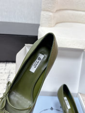 PRADA 26S POINTED-TOE HIGH HEELS 75MM IN DARK OLIVE GREEN CALFSKIN