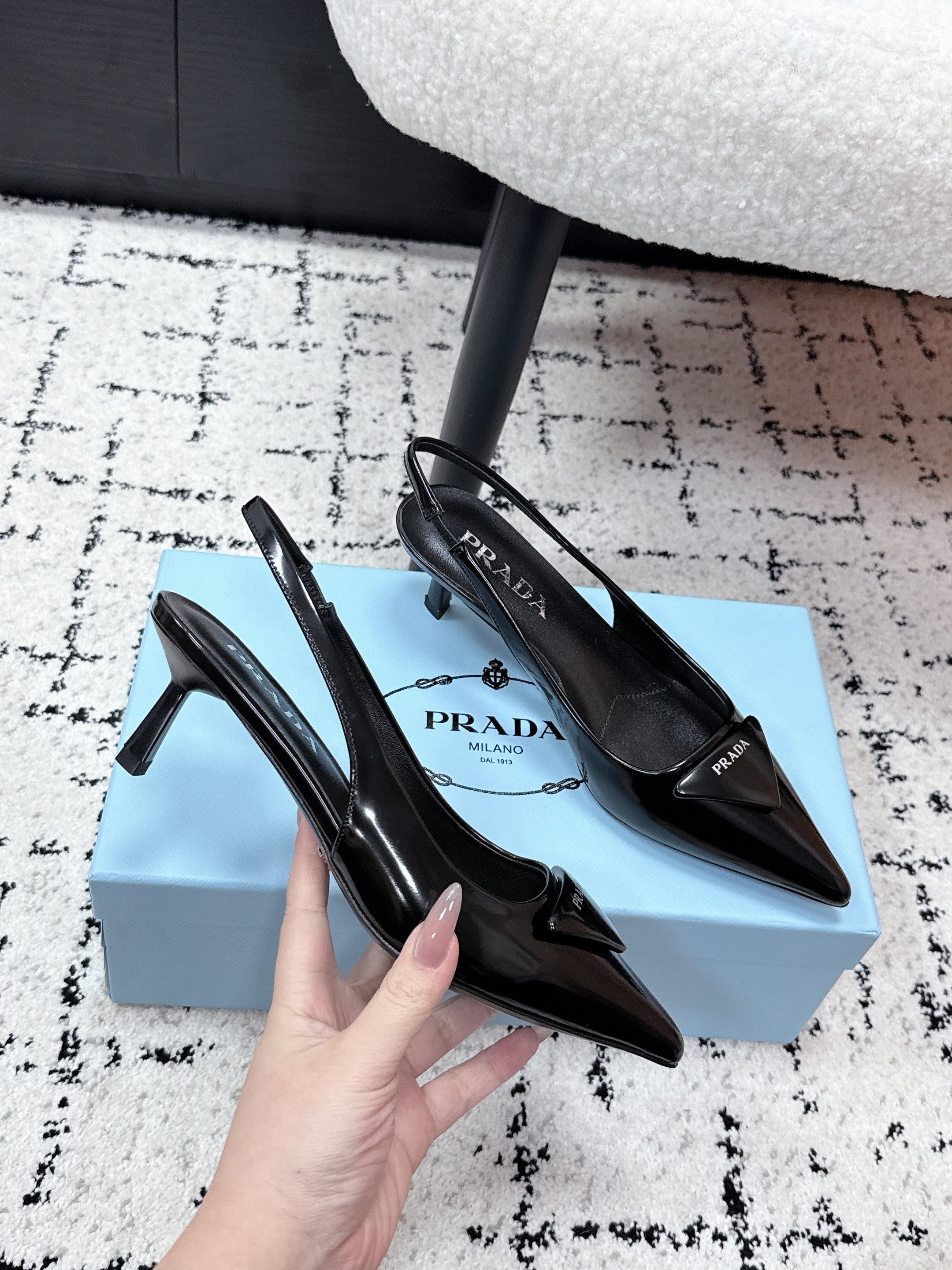 PRADA 26S SLINGBACK PUMPS 60MM IN BLACK PATENT CALFSKIN