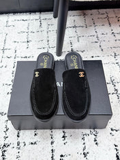 CHANEL 26S MULE LOAFERS IN BLACK SUEDE WITH CC LOGO