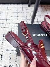 CHANEL 26S SLINGBACK LOAFERS IN BURGUNDY RED PATENT CALFSKIN WITH CC LOGO