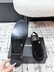 CHANEL 26S SLINGBACK LOAFERS IN BLACK SUEDE WITH CC LOGO