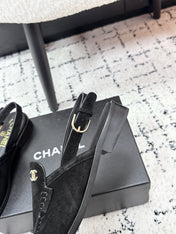 CHANEL 26S SLINGBACK LOAFERS IN BLACK SUEDE WITH CC LOGO