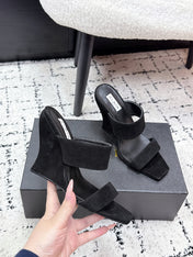 ALAIA 26S DOUBLE STRAP WEDGE SANDALS 70 MM IN BLACK SUEDE