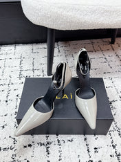 ALAIA 26S POINTED-TOE HEELS 90 MM IN LIGHT GREY PATENT CALFSKIN