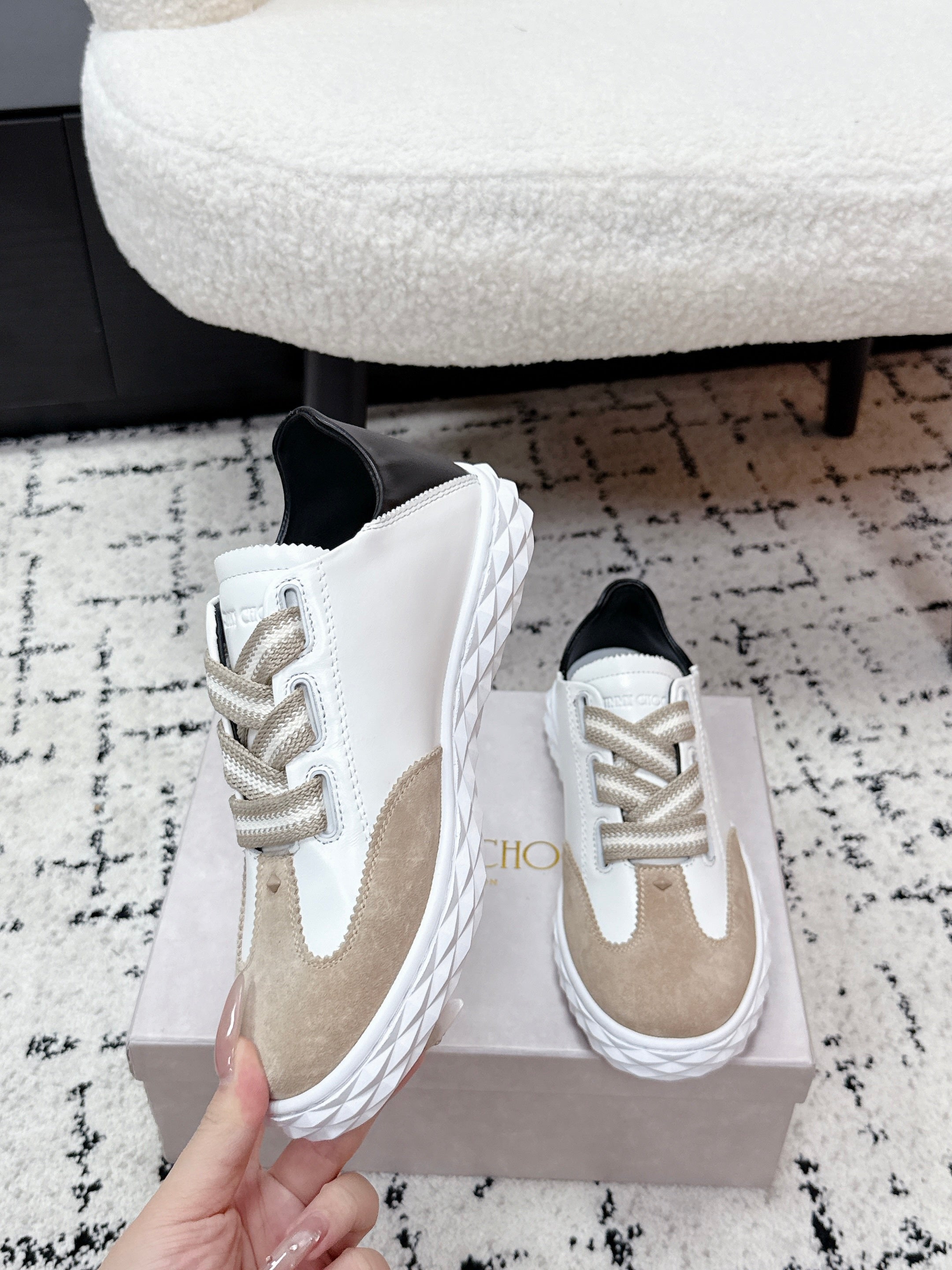 JIMMY CHOO 26S SNEAKERS IN BEIGE SUEDE AND WHITE CALFSKIN