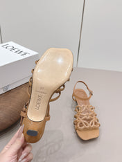 LOEWE 26S SQUARE TOE HEEL SANDALS 50MM IN LIGHT BROWN CALFSKIN LOGO
