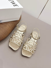 LOEWE 26S SQUARE TOE HEEL SANDALS 50MM IN GOLD CALFSKIN LOGO