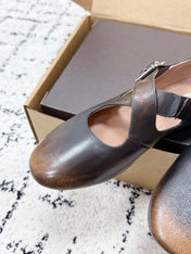 ALAIA 26S CROSS-STRAP BALLET FLATS IN MOTTLED DARK BROWN LAMBSKIN