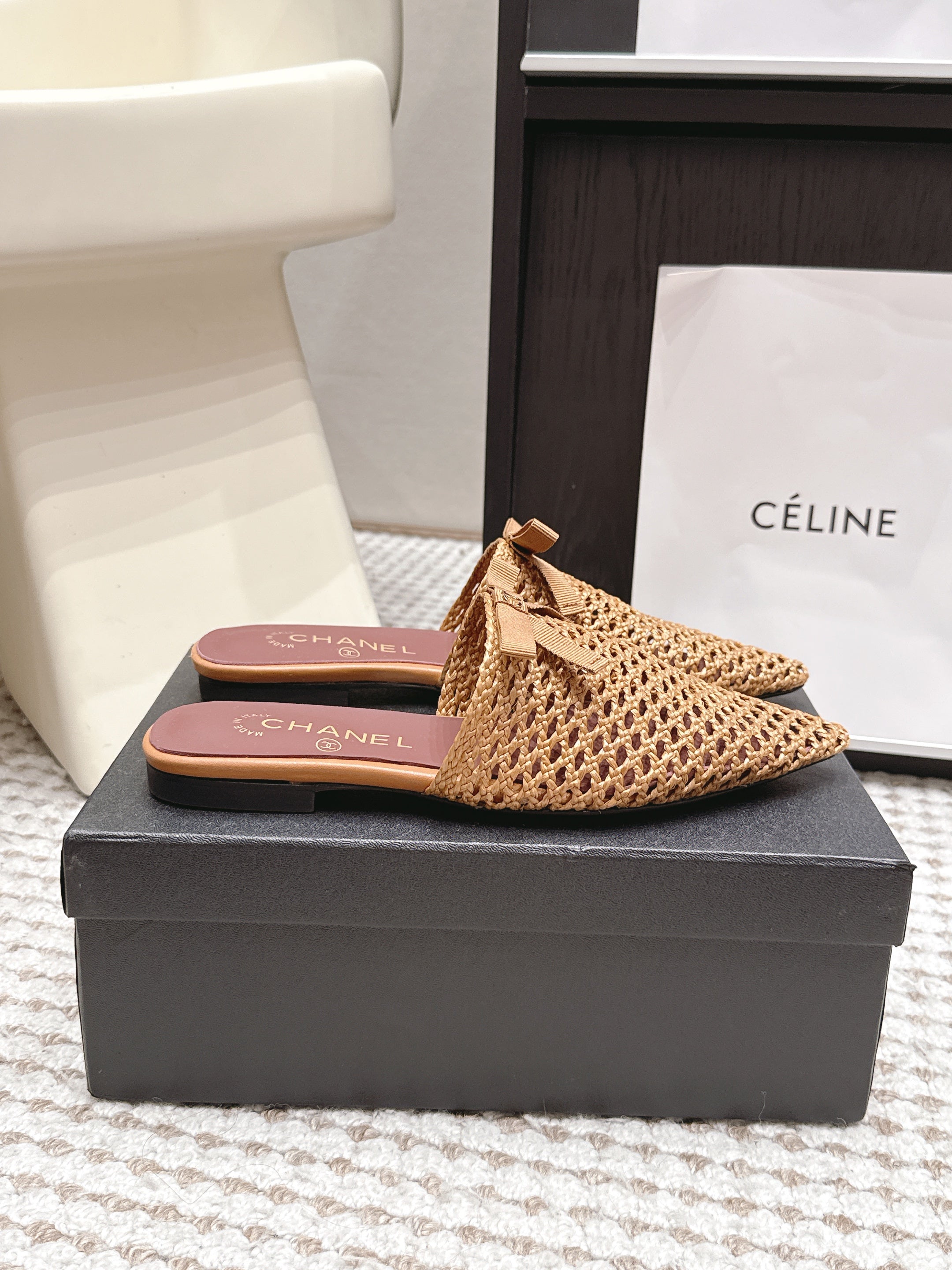 CHANEL 26S POINTED-TOE MULES IN CAMEL BROWN MESH