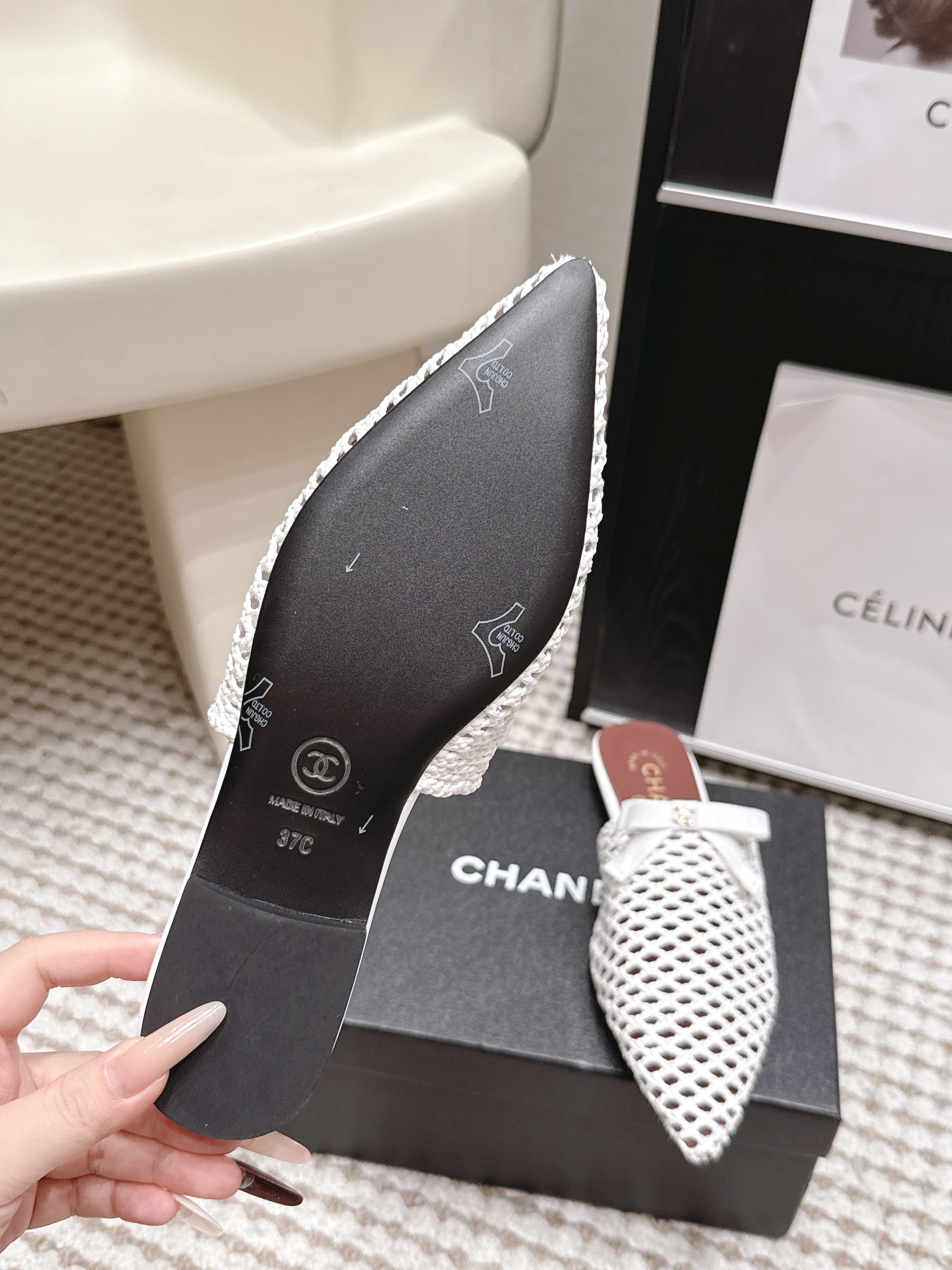 CHANEL 26S POINTED-TOE MULES IN WHITE MESH