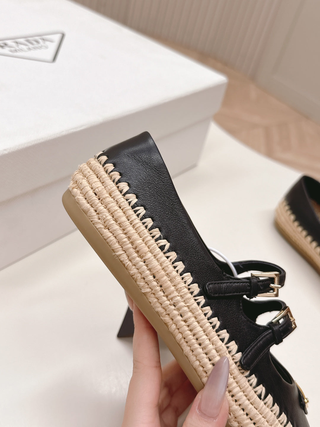 PRADA 26S MARY JANE ESPADRILLES SHOES IN BLACK CALFSKIN WITH LOGO