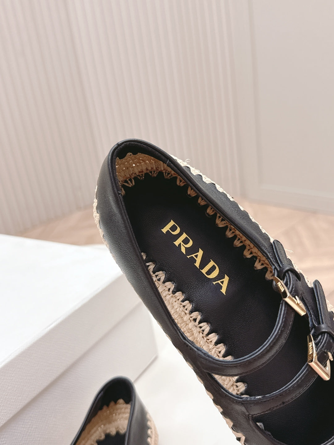 PRADA 26S MARY JANE ESPADRILLES SHOES IN BLACK CALFSKIN WITH LOGO