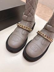 CHANEL ANKLE BOOTS 25S IN SMOKY GREY LAMBSKIN EMBOSSED LOGO WITH GOLD HARDWARE