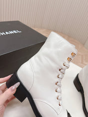CHANEL ANKLE BOOTS 25S IN WHITE MIX BLACK LAMBSKIN WITH ZIPPER