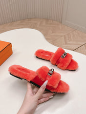 HM 25S ORAN SANDAL IN RED ORANGE SHEARLING WITH SILVER HARDWARE