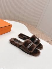 HM 25S ORAN SANDAL IN DARK BROWN SHEARLING WITH SILVER HARDWARE