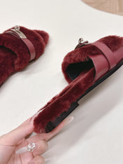 HM 25S ORAN SANDAL IN DARK RED SHEARLING WITH SILVER HARDWARE