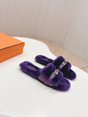HM 25S ORAN SANDAL IN DARK PURPLE SHEARLING WITH SILVER HARDWARE