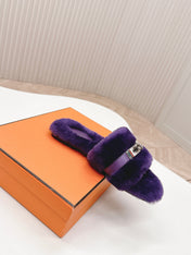HM 25S ORAN SANDAL IN DARK PURPLE SHEARLING WITH SILVER HARDWARE
