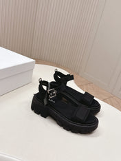 PRADA 26S SINGLE STRAP CHUNKY SOLE SANDALS IN BLACK CANVAS