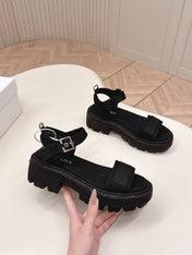 PRADA 26S SINGLE STRAP CHUNKY SOLE SANDALS IN BLACK CANVAS