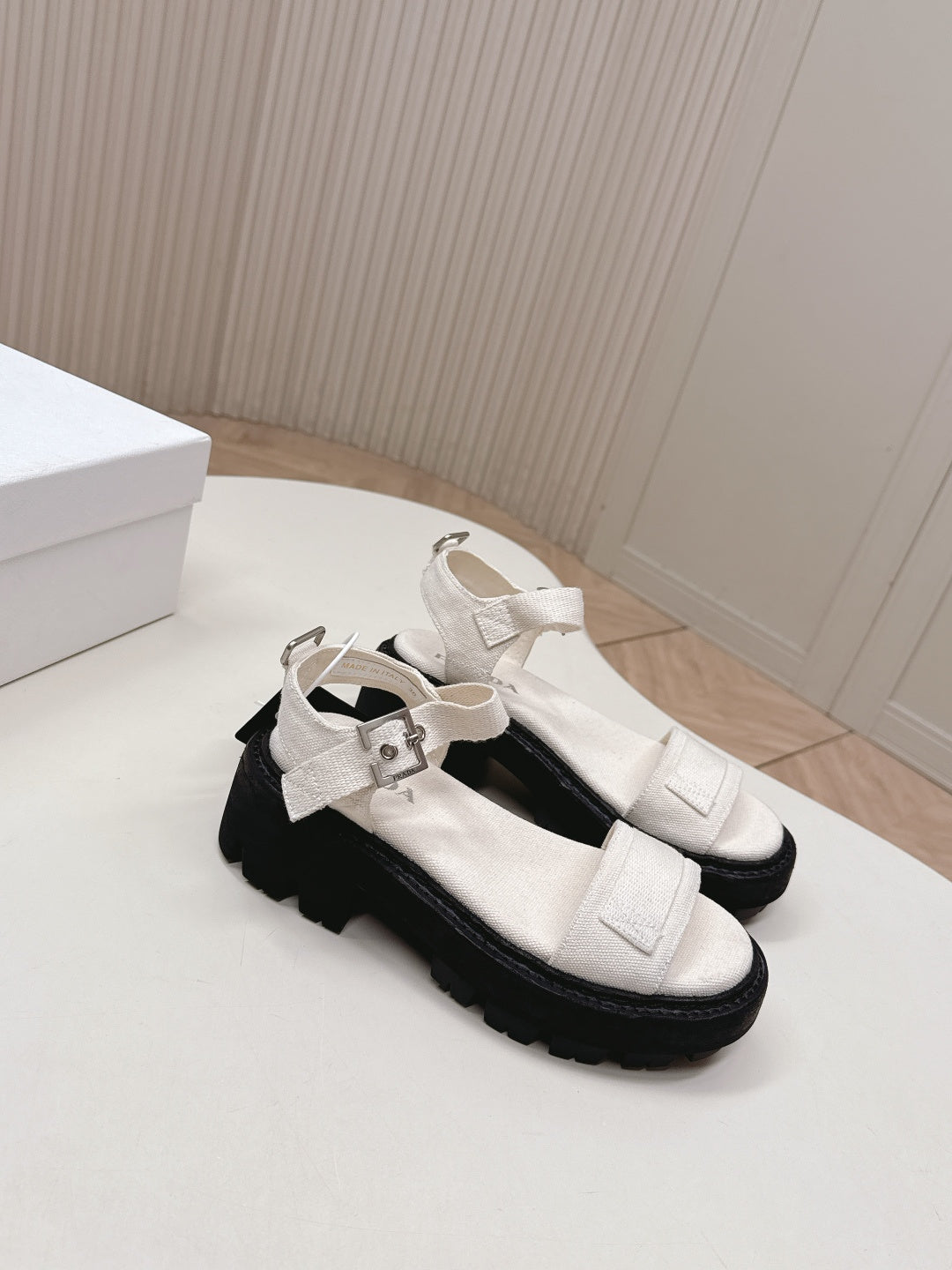 PRADA 26S SINGLE STRAP CHUNKY SOLE SANDALS IN WHITE CANVAS