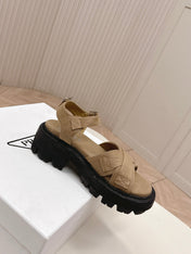 PRADA 26S CROSS STRAP CHUNKY SOLE SANDALS IN BROWN CANVAS