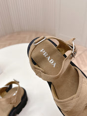 PRADA 26S CROSS STRAP CHUNKY SOLE SANDALS IN BROWN CANVAS