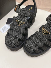 PRADA 26S HEELED FISHERMAN SANDALS IN BLACK RAFFIA AND CALFSKIN