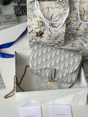 DIOR 25S MEDIUM SADDLE POUCH WITH CHAIN 21 IN GRAY DIOR OBLIQUE JACQUARD CANVAS