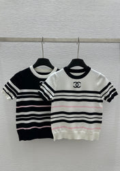 CHANEL SHORT-SLEEVE KNIT TOP STRIPED