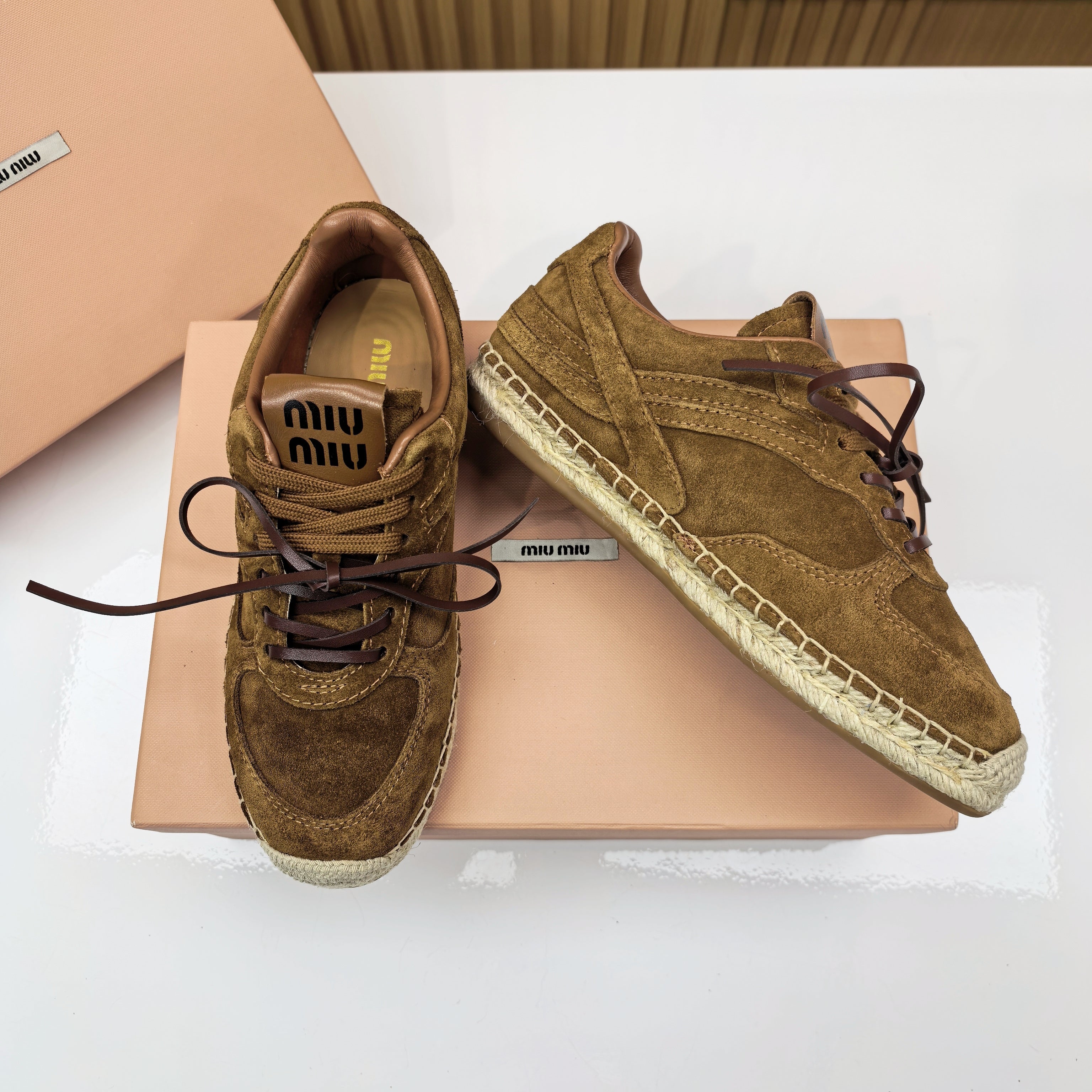 MIUMIU 26S LACE UP ESPADRILLE SNEAKERS IN CARAMEL BROWN SUEDE ROPE SOLE