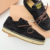 MIUMIU 26S LACE UP ESPADRILLE SNEAKERS IN BLACK SUEDE ROPE SOLE