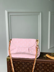SUNSET 27 IN WASHED PINK MONOGRAM DENIM GOLD BUCKLE