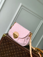 SUNSET 27 IN WASHED PINK MONOGRAM DENIM GOLD BUCKLE