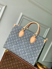 ONTHEGO ORGANIZER 35 IN GREY MONOGRAM DENIM LIGHT BROWN CALFSKIN