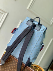 CHRISTOPHER MM BACKPACK 44 IN SKY BLUE MONOGRAM HERITAGE CANVAS BLACK CALFSKIN