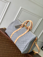 KEEPALL BANDOULIÈRE 45 IN GREY MONOGRAM DENIM LIGHT BROWN CALFSKIN