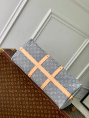 KEEPALL BANDOULIÈRE 45 IN GREY MONOGRAM DENIM LIGHT BROWN CALFSKIN