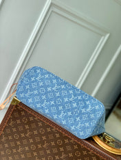 NEVERFULL MM 31 IN DENIM BLUE MONOGRAM COWHIDE LEATHER TRIM