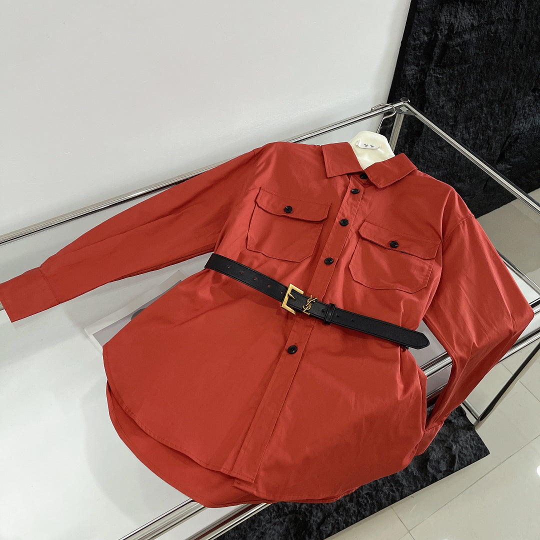 YSL LONG BELTED SHIRT IN COTTON 265868