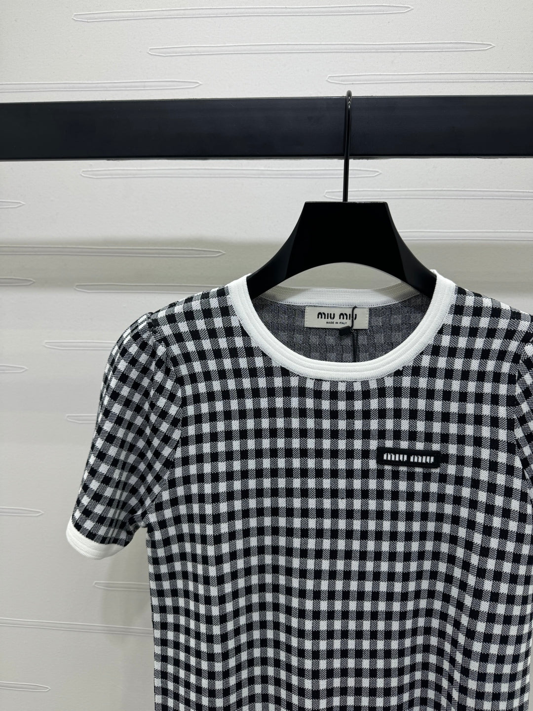 MIUMIU CREW NECK SHORT-SLEEVE PLAID KNIT TOP 274833