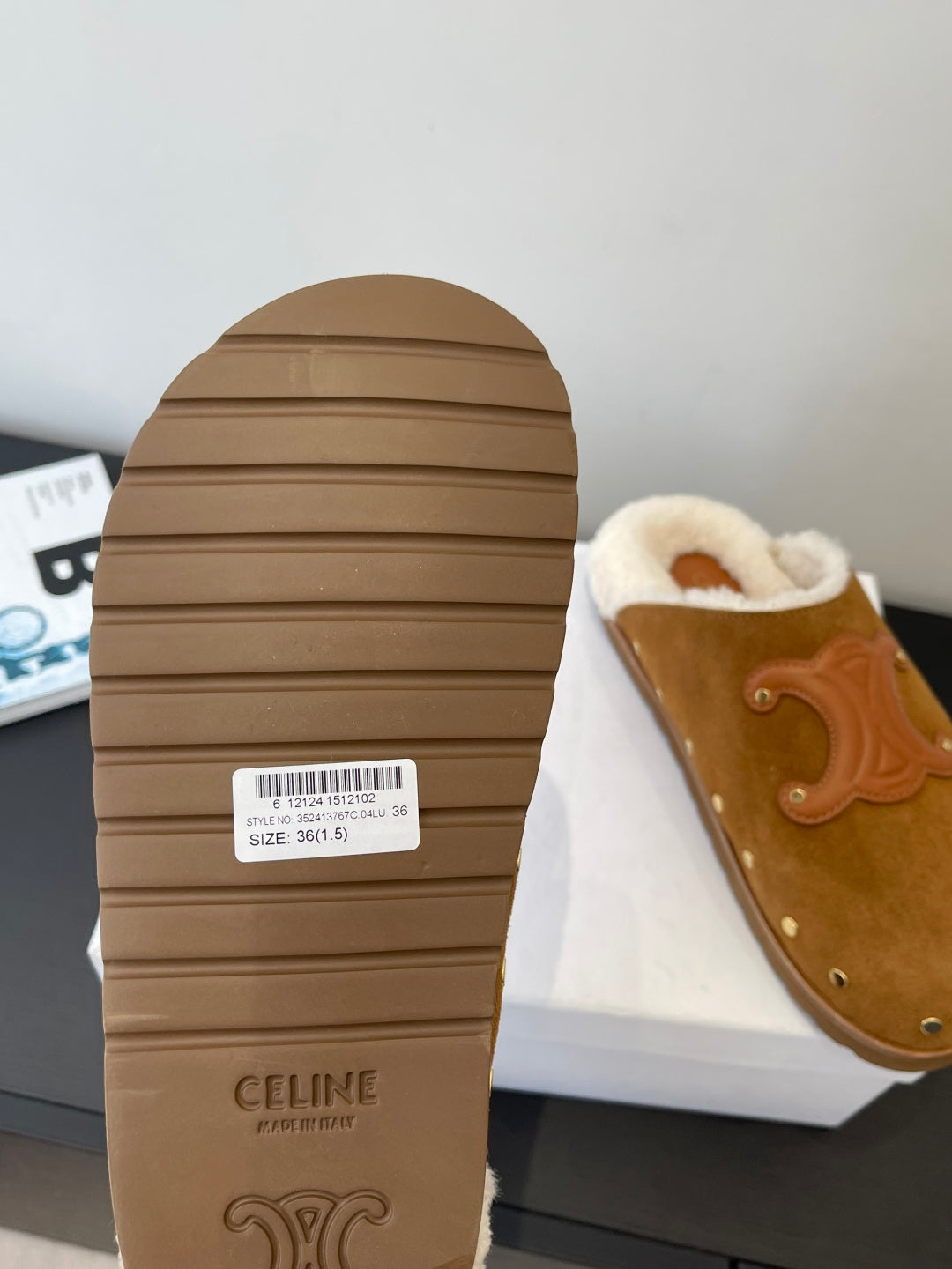 CELINE 26S FUR-LINED MULES IN BROWN SUEDE