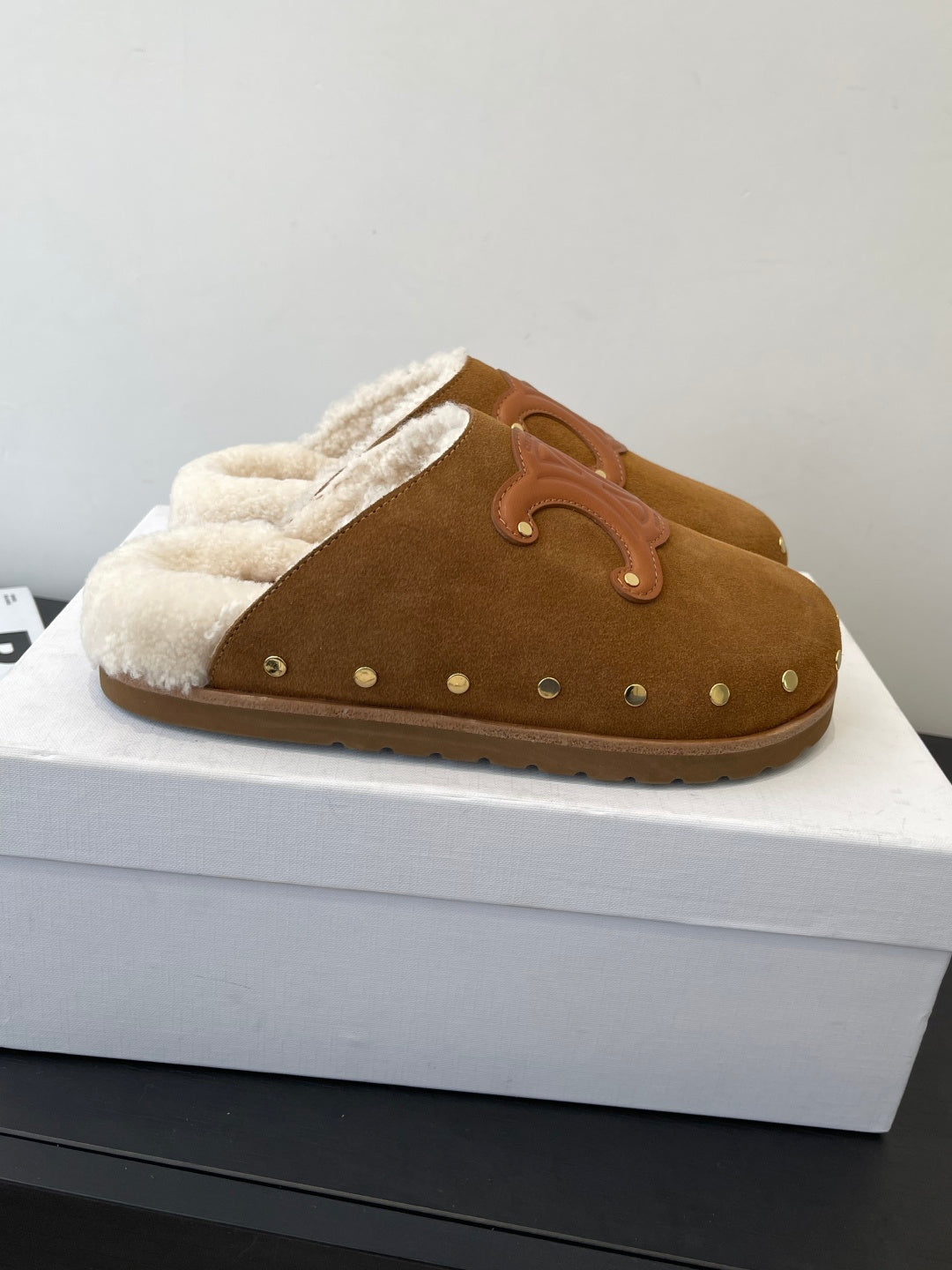 CELINE 26S FUR-LINED MULES IN BROWN SUEDE