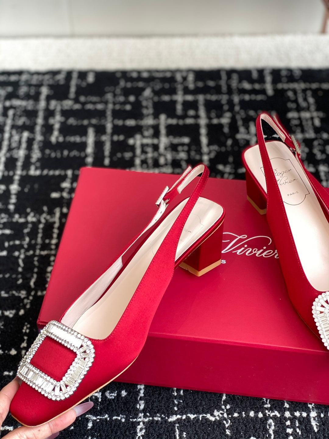ROGER VIVIER 25S VIVIER SLINGBACK 45MM IN BRIGHT RED SILK EMBELLISHED CRYSTALS