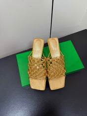 BOTTEGA VENETA 26S WOVEN STRAP HIGH-HEEL SANDALS 55 MM IN GOLD LAMBSKIN