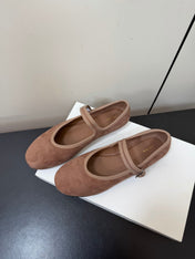 THE ROW 26S MARY JANE BALLET FLATS IN BROWN SUEDE WITH SILVER HARDWARE
